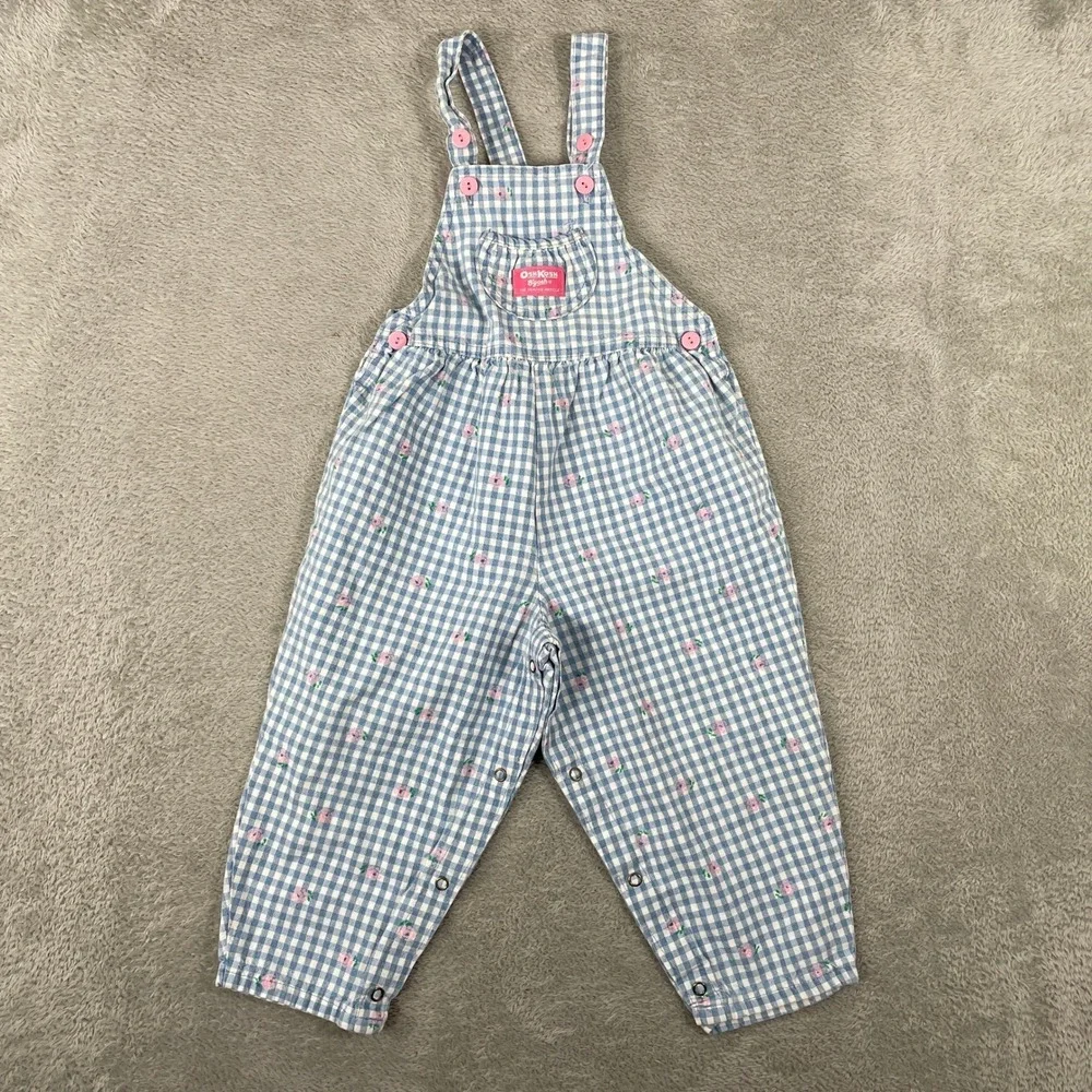 Vintage OshKosh B'gosh Overalls Kids 4T Blue Gingham Floral Vestbak Made in USA